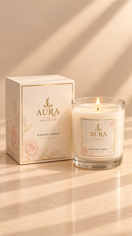 Aura Scents hand-poured soy wax candle with a cotton wick