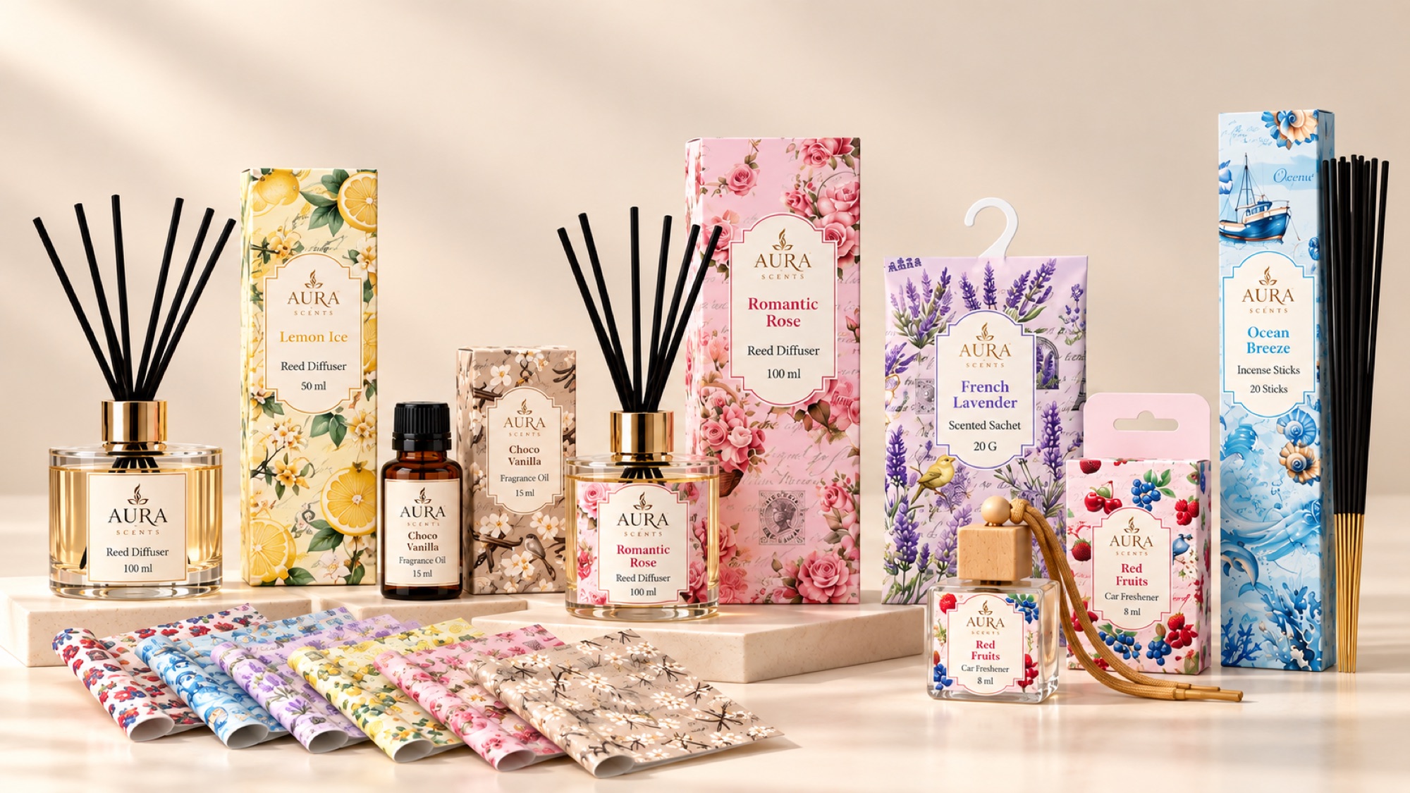 Aura Scents home fragrance — reed diffusers, candles and incense arranged together