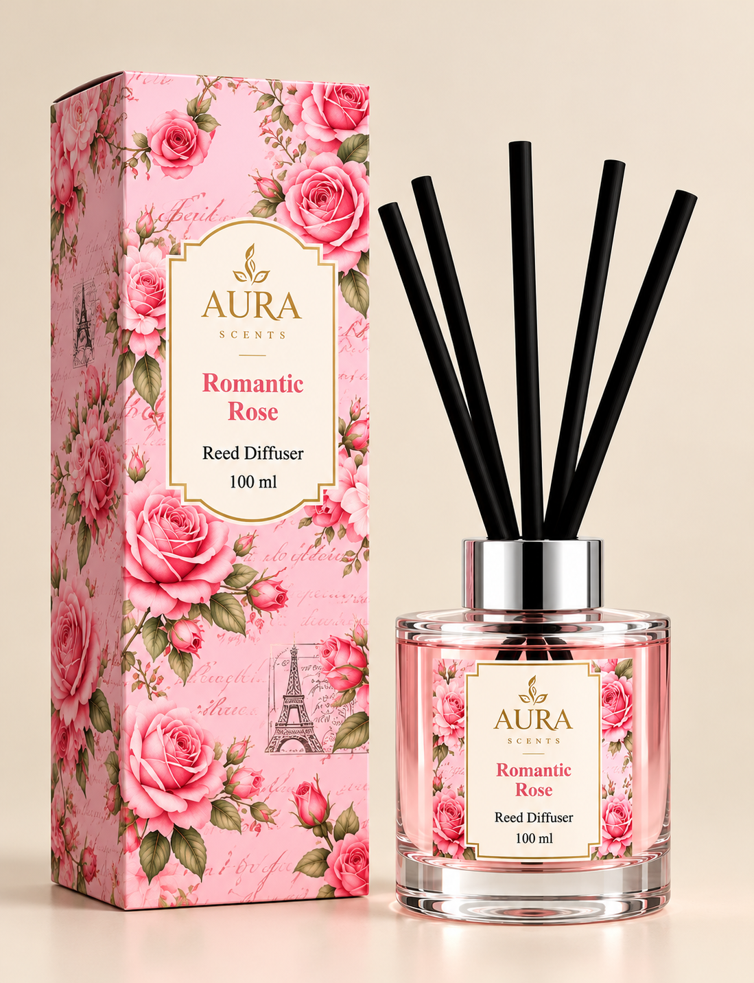 Aura Scents reed diffuser in amber glass with natural rattan reeds